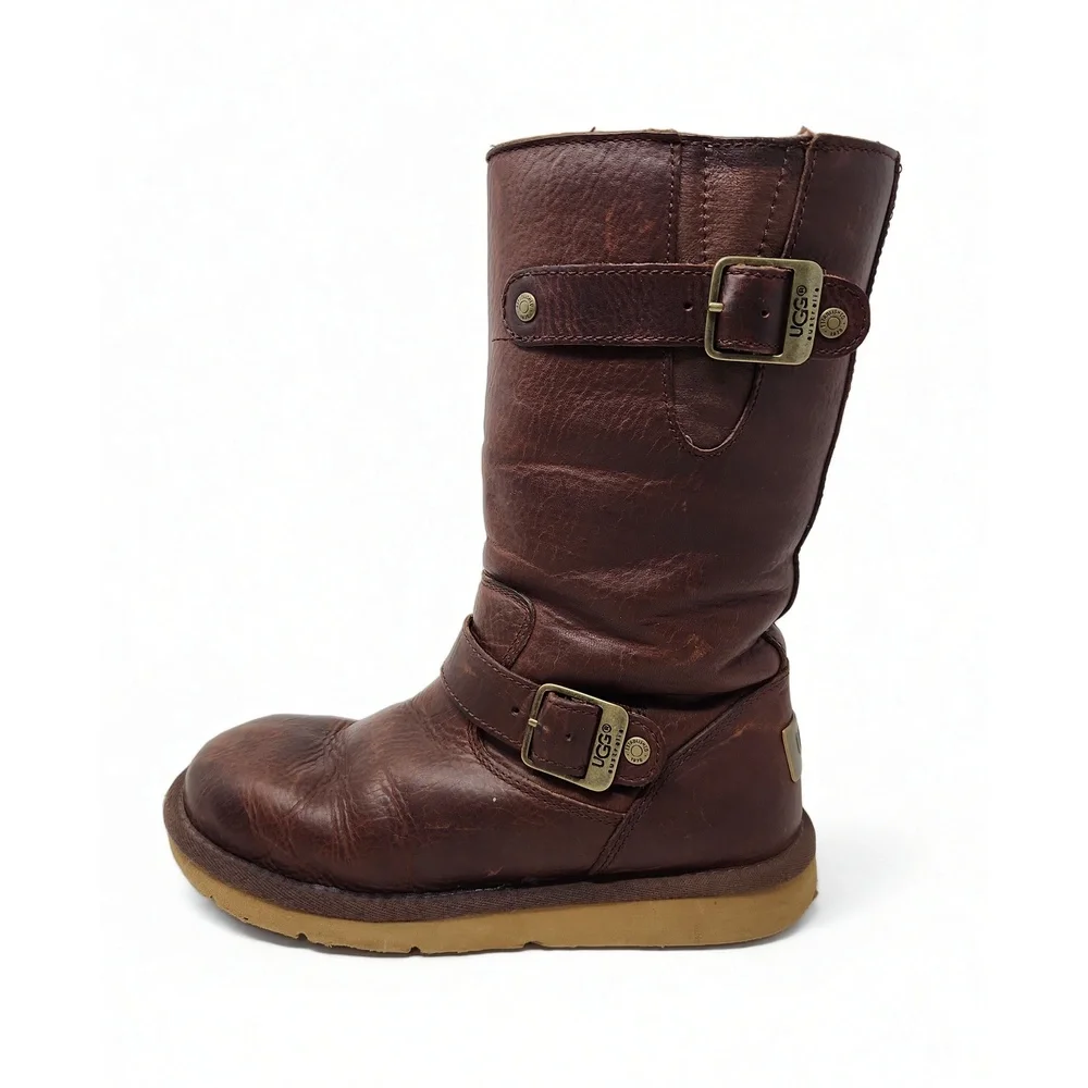 UGG Kensington Leather Boots Size 6 Buckle Strap Shearling Lined Winter Mid Calf